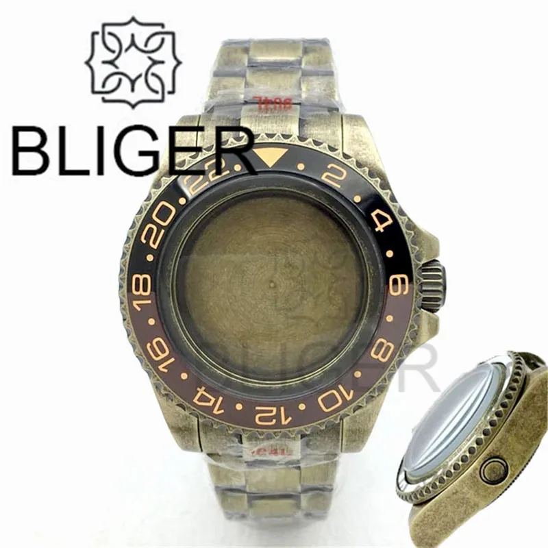 BLIGER 43mm Bronze Coated Dive Watch Case With Steel Strap  Ceramic Bezel Domed Sapphire Glass Fit NH34 NH35 NH36 ETA2824 PT5000