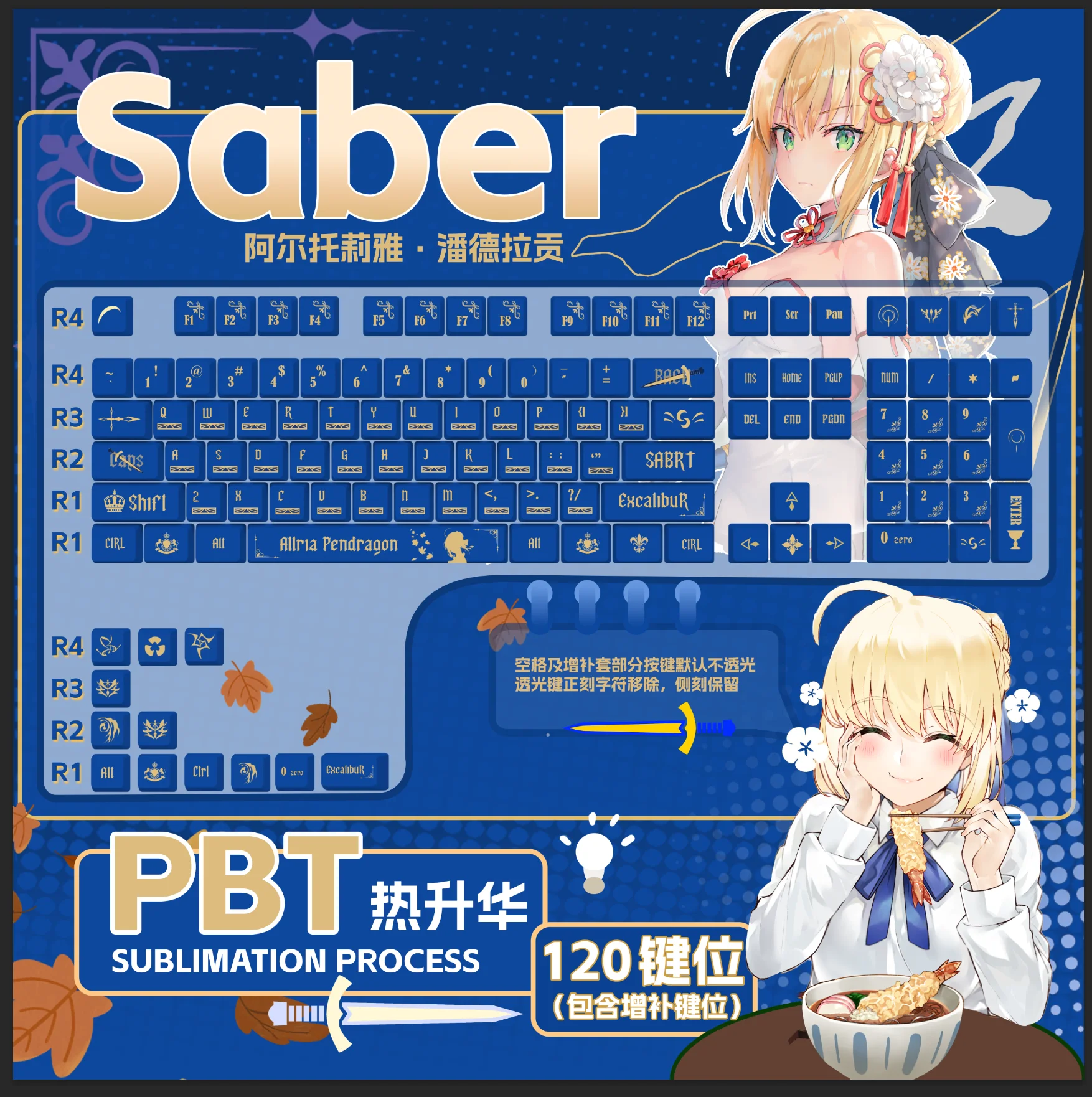 Fate Honkai: Star Rail Keycaps Saber Keycap Game Key Caps Anime 120 Keys PBT DYE SUB Cherry MX Switch for Mechanical Keyboard