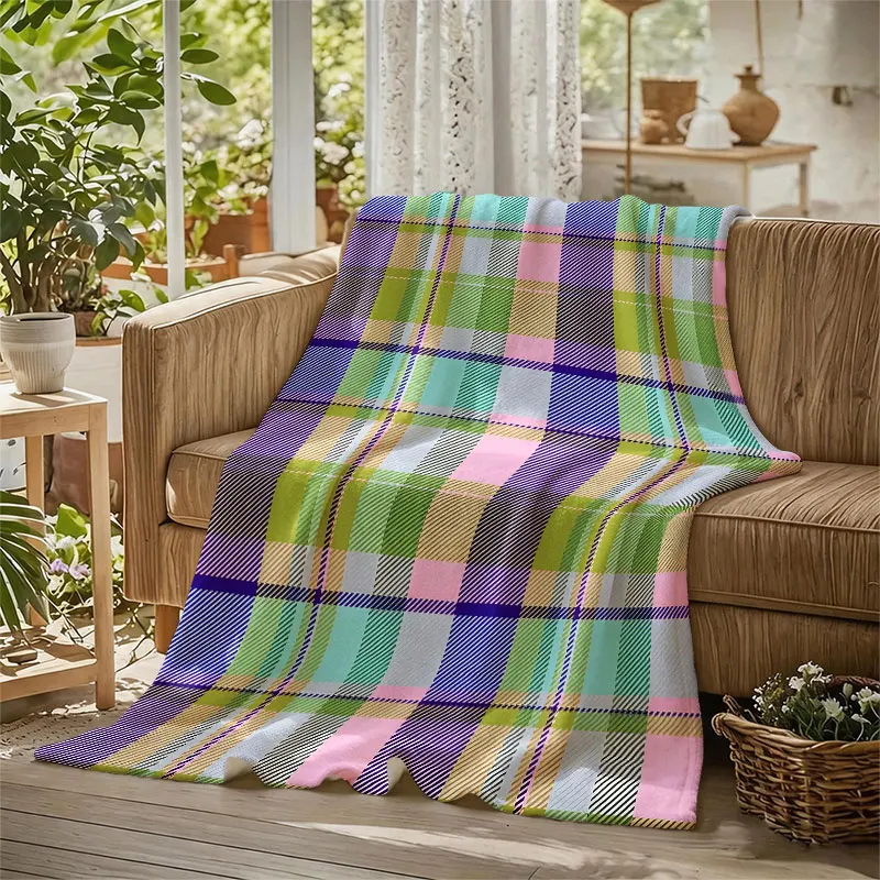 Madras Plaid Colorful Flannel Blanket Perfect for Sofa Office Bed Travel Sleep Read Relax Camping Four Season Use