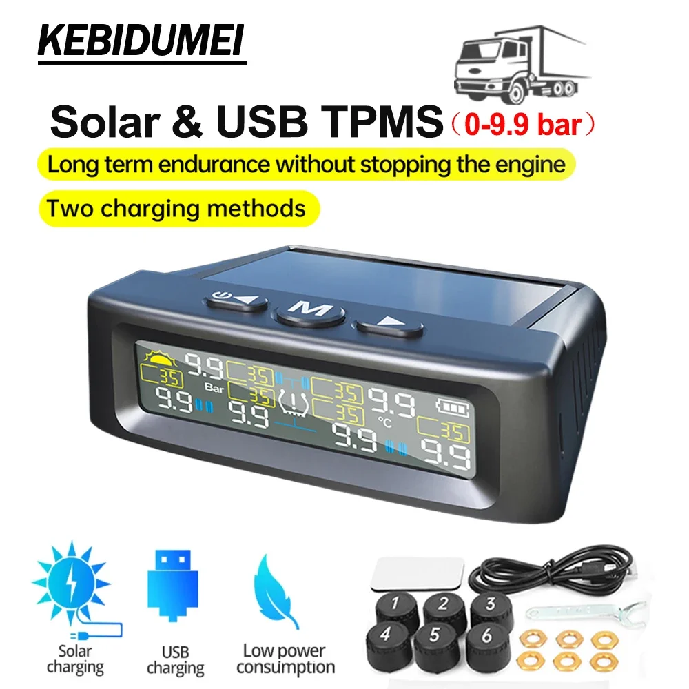 

Kebidumei 6-Wheel Truck TPMS T12 Car Tire Pressure Monitoring Solar Tyre Temperature Air Leakage Alarm for Trucks/RVS/Pickup