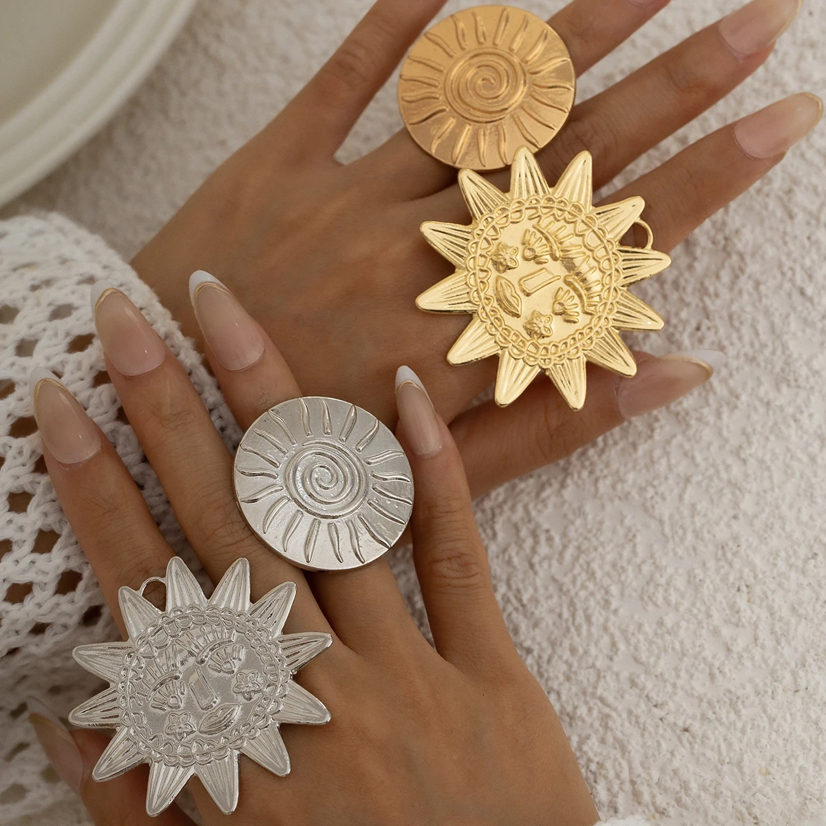 Ingemark Exaggerated Large Sunflower Round Metal Stud Earring Women 2025 Trend Punk Open Adjustable Finger Ring Jewelry Anillos