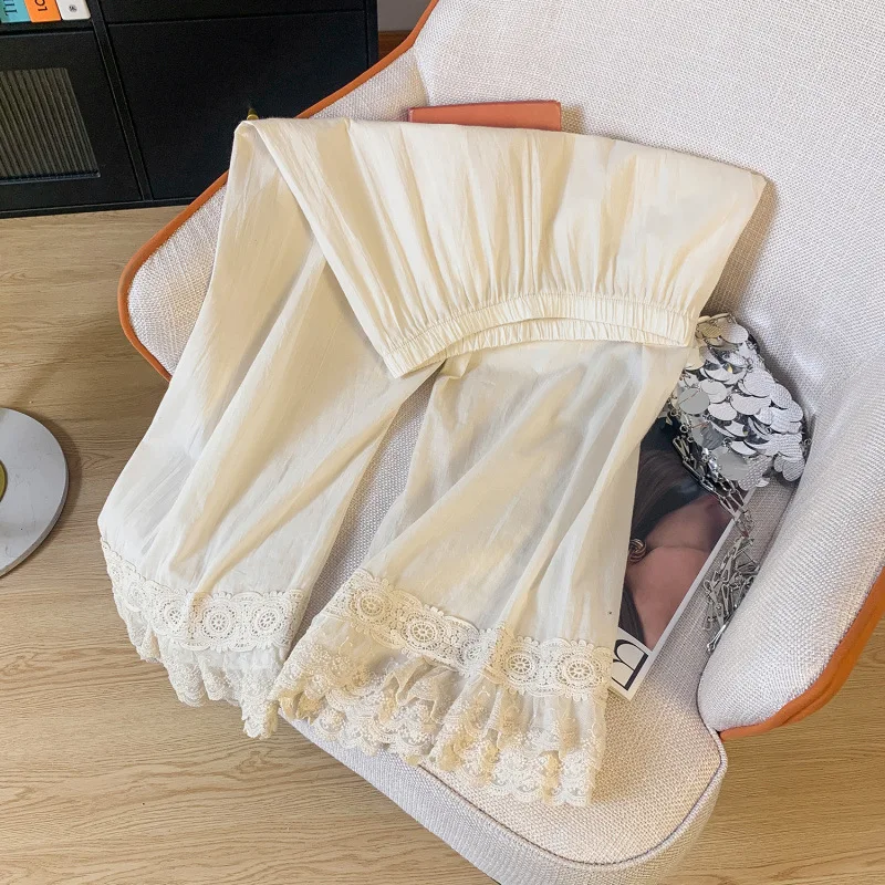 Women Sweet Mori Girl Lace Embroidery Hem Straight Pants Spring Summer Elastic Waist Casual Loose Cotton Wide Leg Pants
