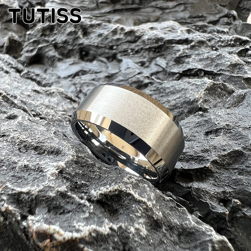 TUTISS 10mm Beveled Edges Matte Finish Gold Tungsten Carbide Ring for Men Women Fashion Engagement Wedding Band