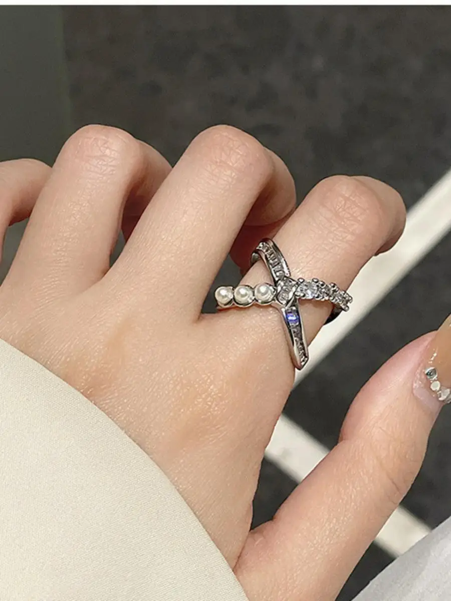 Gold Plated Pearl Cross Double Layer Ring for Women Exaggerated Zircon Knot Design Fashionable Jewelry Accessory