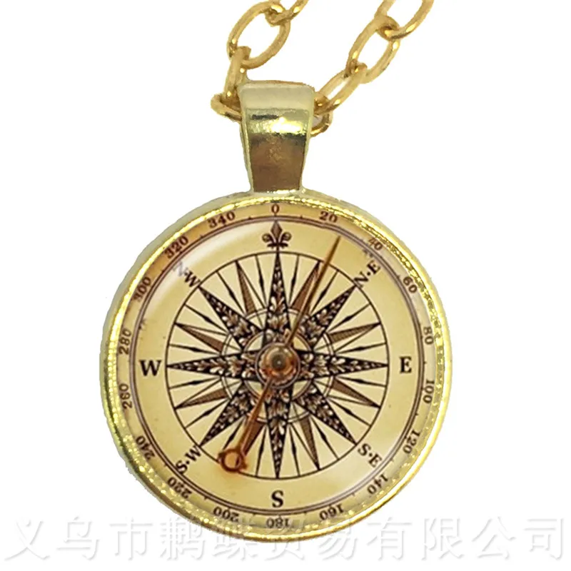 Compass Necklace Vintage Nautical Compass Pattern 25mm Round Glass Cabochon Pendant Sweater chain Back To School Gift