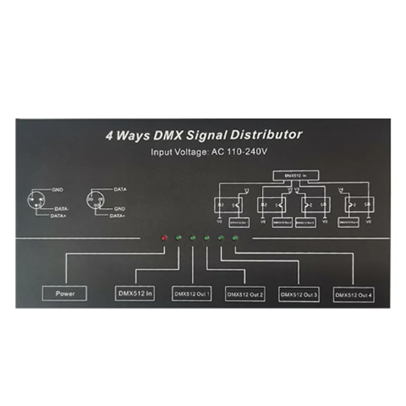 

Переменный ток 240-в вход DMX512 от 1 до 4 концентратора DMX ретранслятор сигнала сплиттер 4 Мб выходной дистрибьютор усилитель мощности вилка европейского стандарта