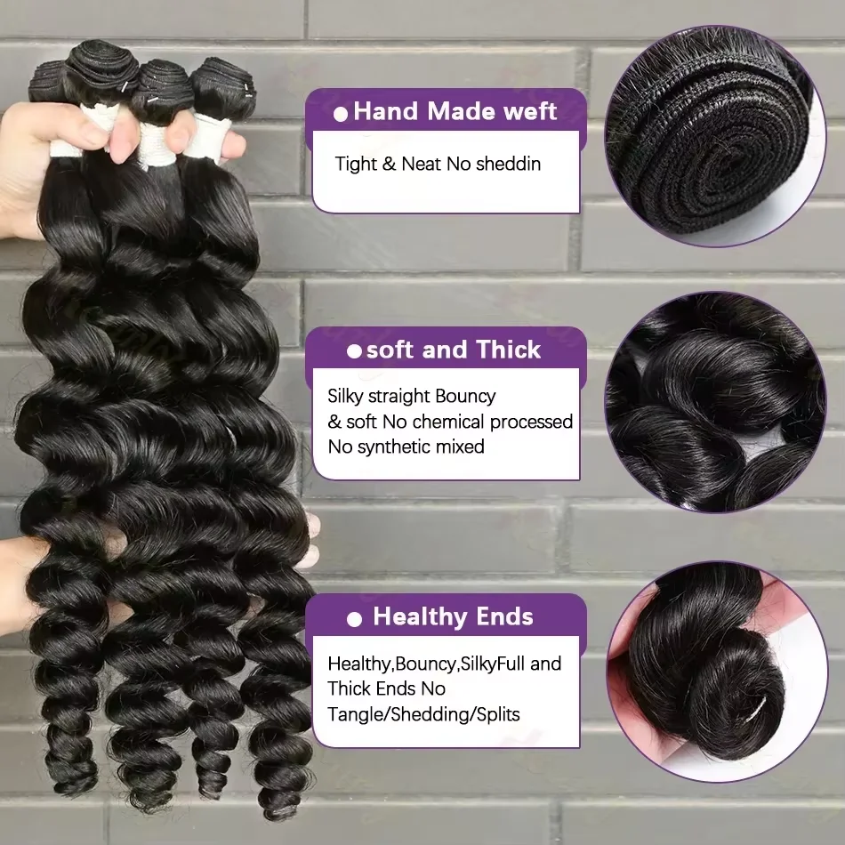 16A ルーズウェーブ人毛束 30インチ ディープウェーブバージンヘアエクステ 3/4ピースセット 100%未加工ブラジル産ヘア束