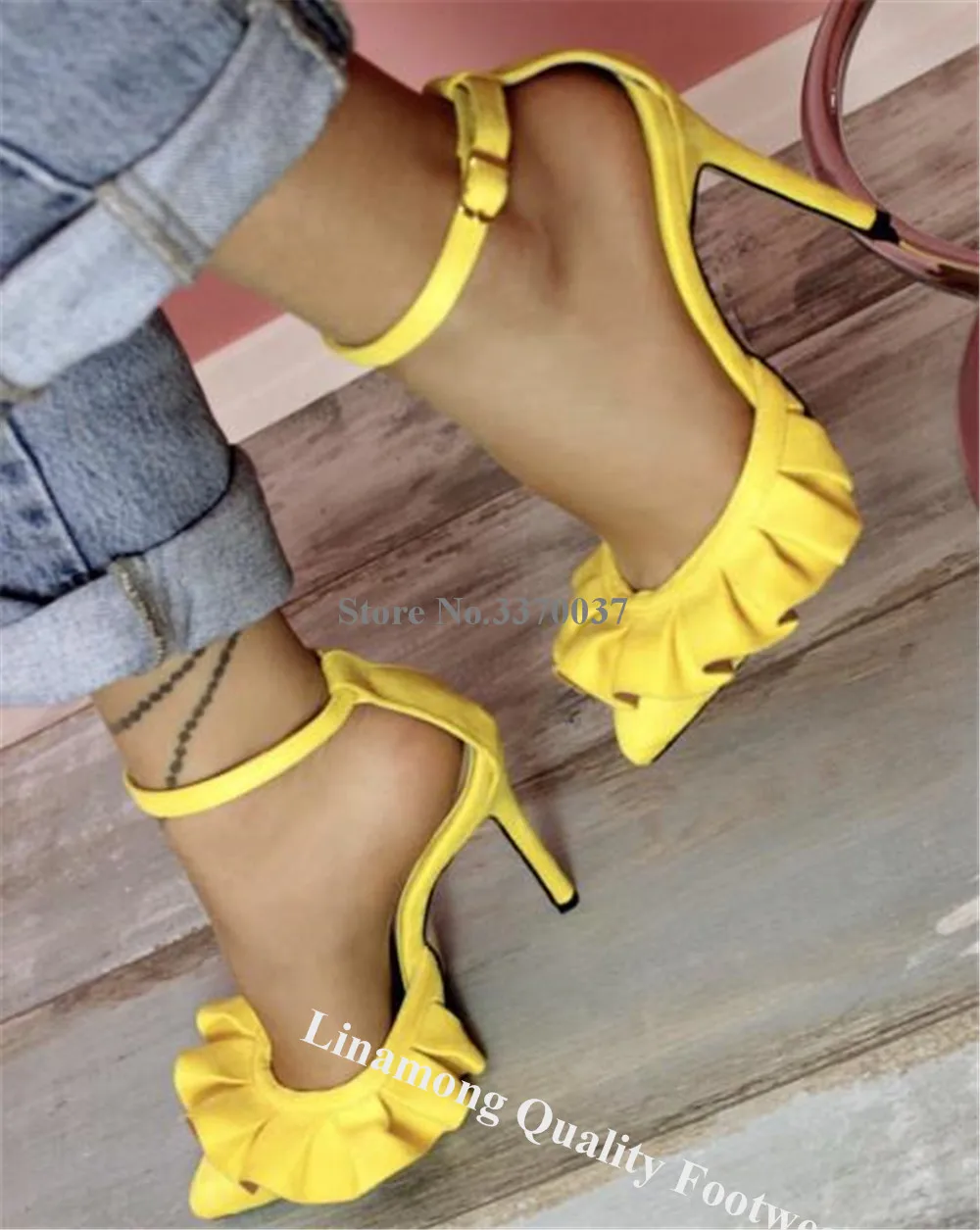 Linamong Yellow Suede Ruffles Thin Heel Pumps Charming Pointed Toe Fringes Ankle Strap Stiletto Heel Dress Shoes Party Heels