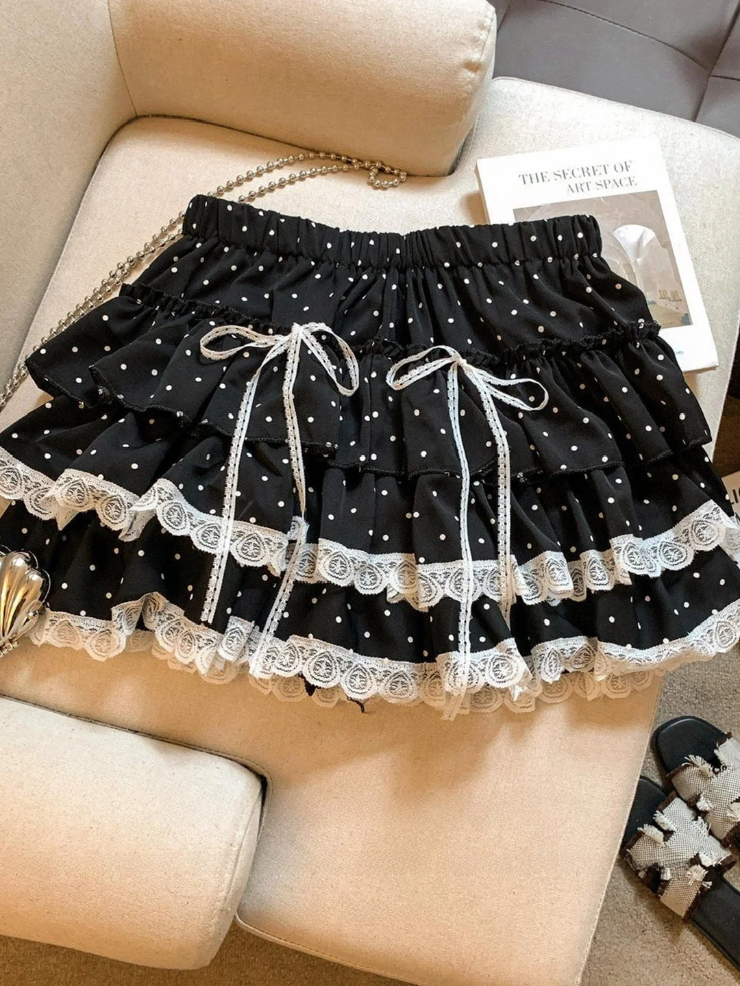 Summer Polka Dot Lace Trim Puffy Skirt Women's  Skirt High Waist Gingham Checkered Full Pleat A-Line Silhouette Elastic W...