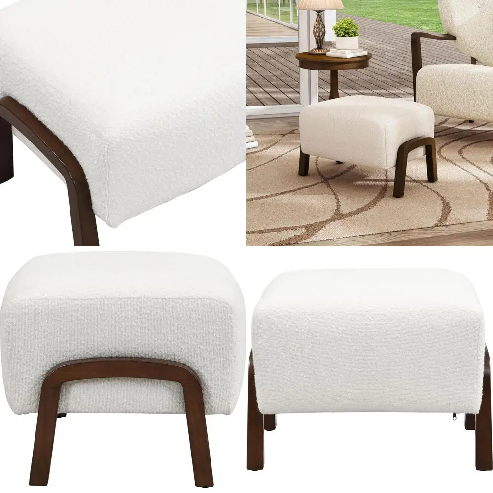 Moderner gepolsterter Ottoman-Stuhl mit Holzbeinen, weiß, 20 x 18,75 x 15,75, stilvolle Akzent-Fußstütze