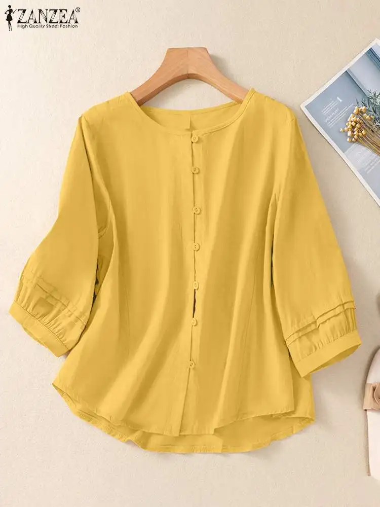 ZANZEA Woman Casual Solid Shirt Spring Vintage Button Blusas Mujer 3/4 Sleeve O Neck Tunic Tops Fashion OL Work Blouse Oversized