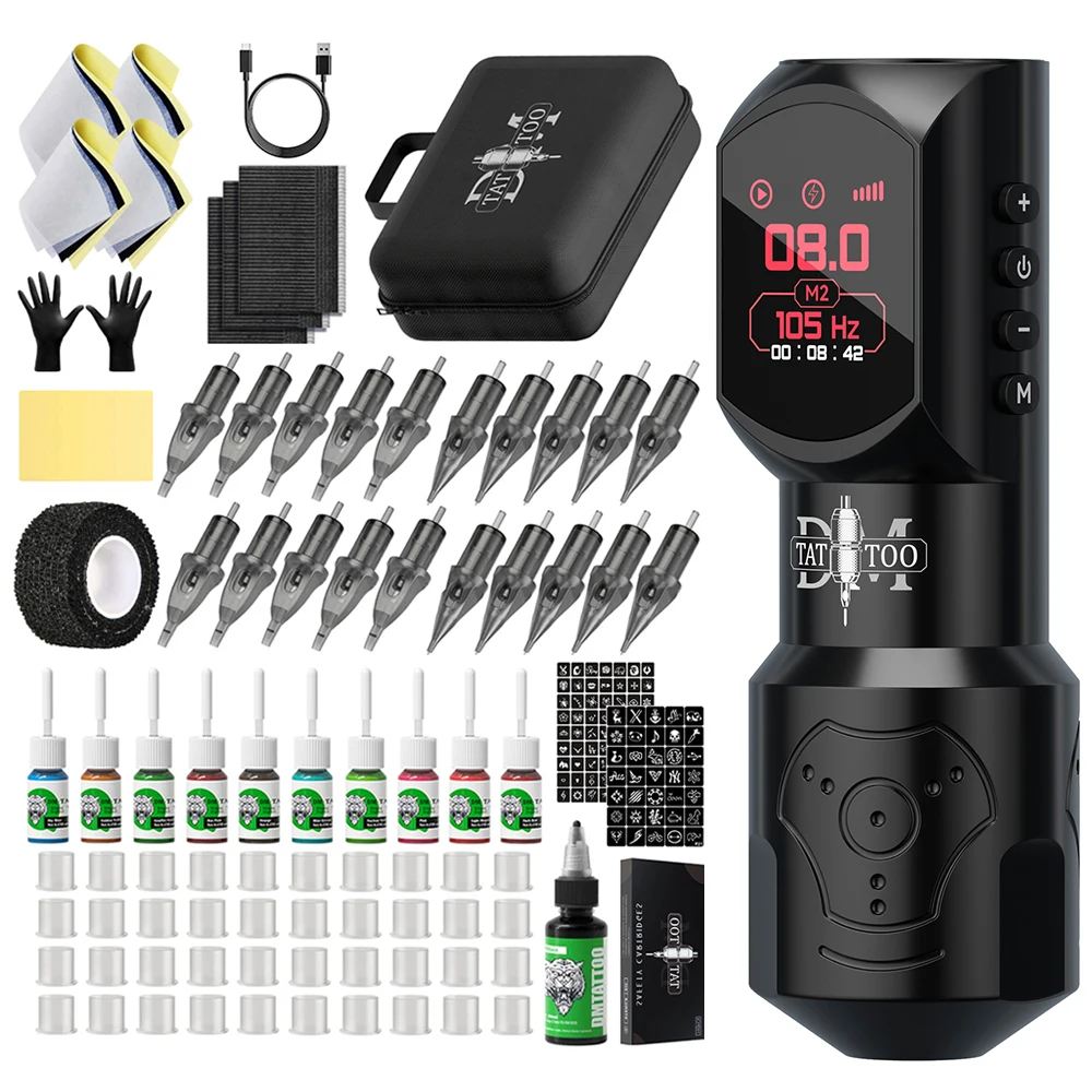 

DM Red-dragon Wireless Tattoo Machine Kit with 4.0 Stroke Large Color Screen Digital Display Permanent Makeup Tattoo Pen Kit