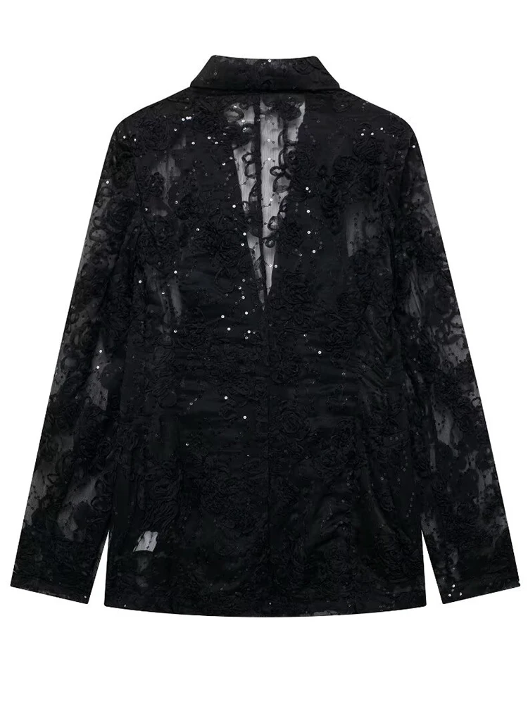 EAM Black Hollow Out Sequins Lace Blazer Women New Lapel Long Sleeve Loose Fit Jacket Fashion Tide Spring Autumn 2024 30A2440