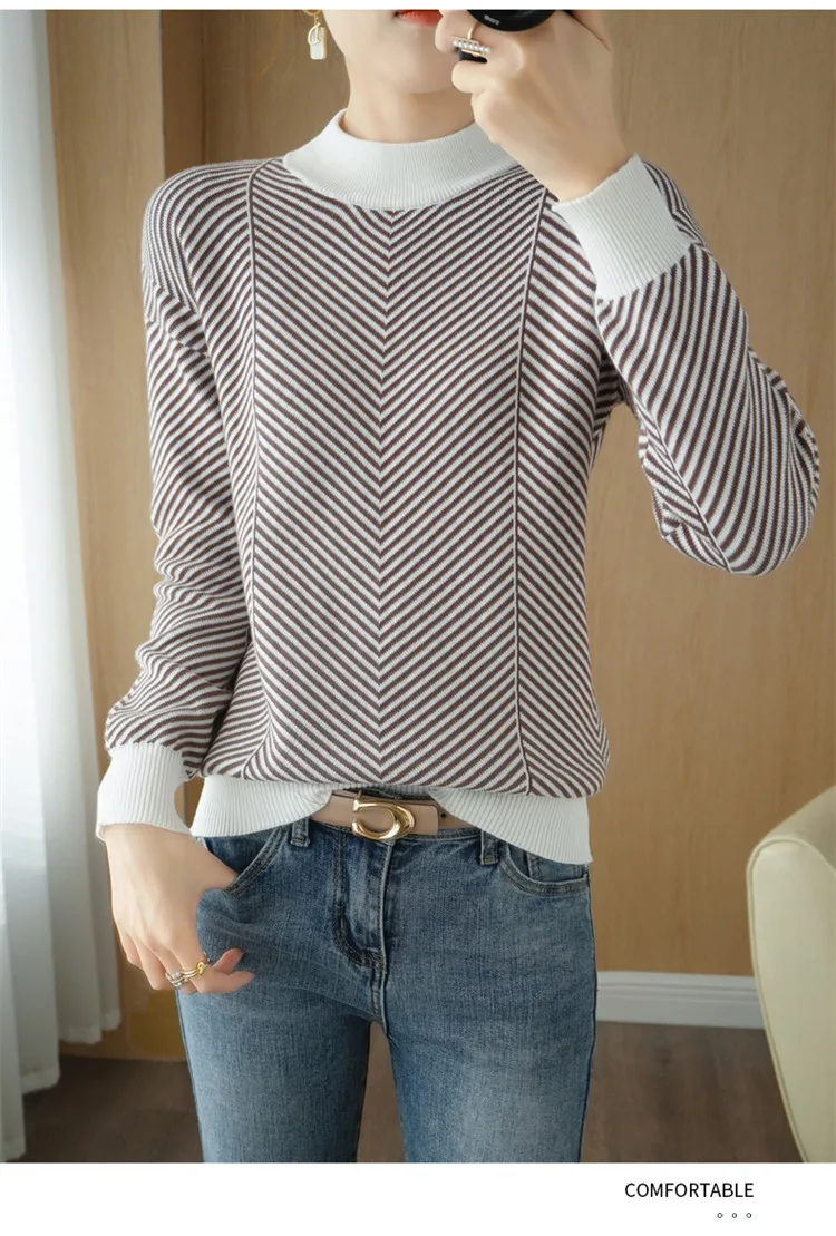 Women's autumn and winter 100% pure cotton knitted semi high neck pullover casual striped warm sweater fashionable hot selling