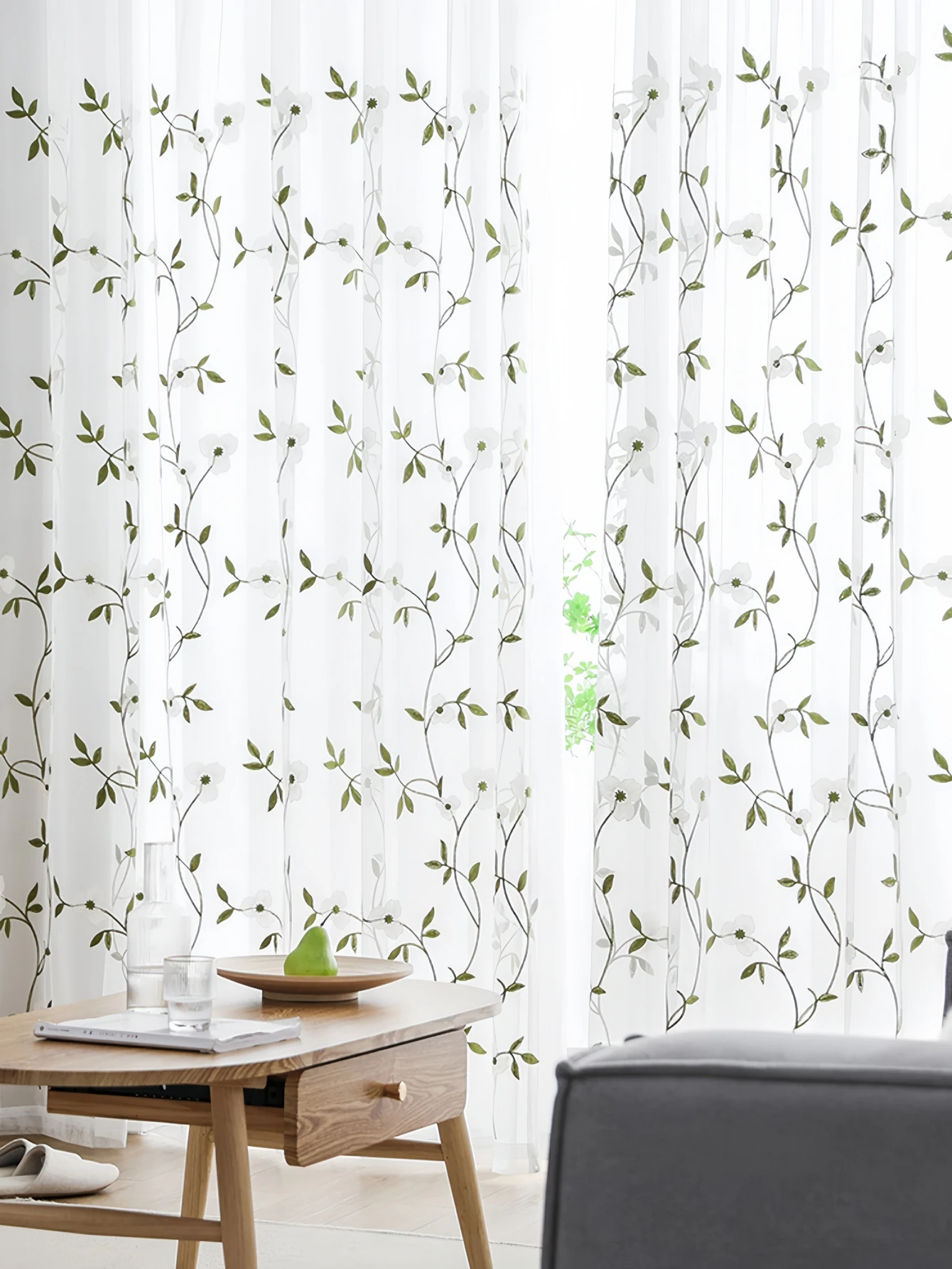 American style gauze curtain, green leaves, plant embroidery, living room, bedroom Pastoral small and fresh embroidered yarn