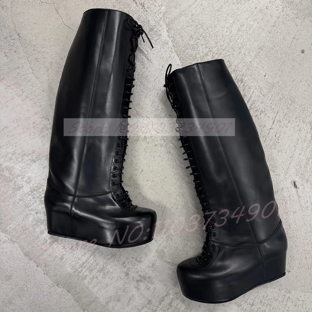 Lace-up Platform Elevator Shoes Women Street style Wedge Heel Round Toe Knee High Boots Fashion Cow Color Black Leather Boots
