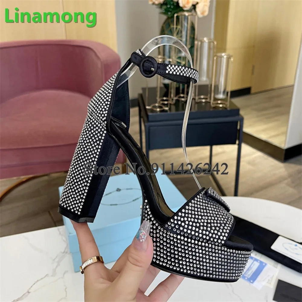 Crystal Square Heel Platform Luxury Sandals For Female Women Solid Fashion Elegant Round Toe Ankle Buckle Strap All-match Shoes