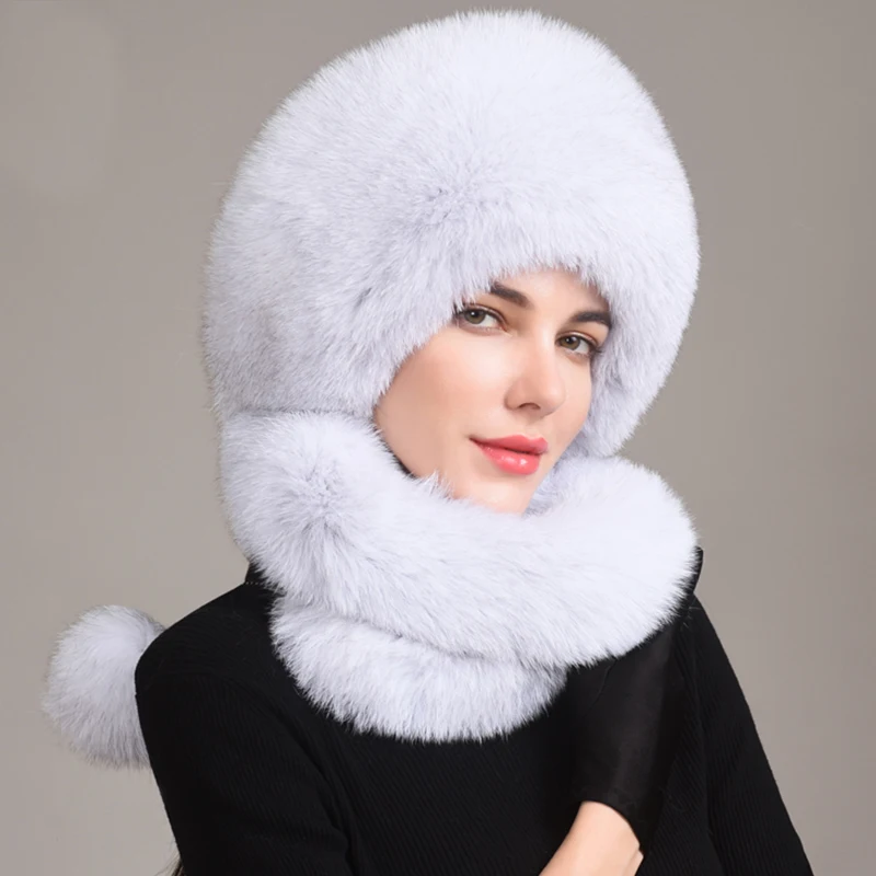 Women\'s Winter Hat With Real Natural Fox Fur Surround Extra length Can Be Used As A Scarf With Hanging Chain In The Back Caps