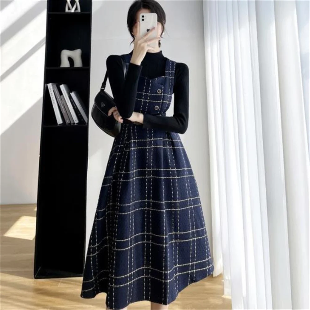 Strap dress women\'s autumn and winter new a-line woolen winter plaid tank dress