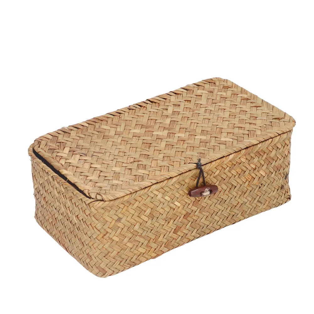 

Seagrass Seagrass Storage Basket Handwoven With Lid Basket Bins with Lids Rectangular Desktop Organizer Office Desk
