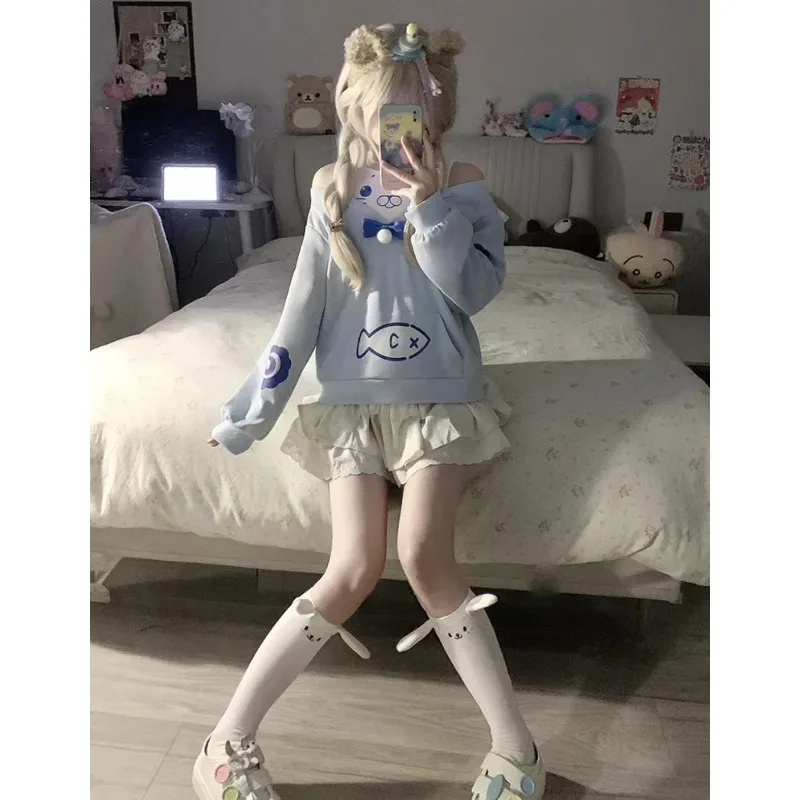 

Japanese Subculture Kawaii Cartoon Print Fake Two Hoodies Women's Sweet Loose Casual Tops New Harajuku Long Sleeve Sweet T-shirt