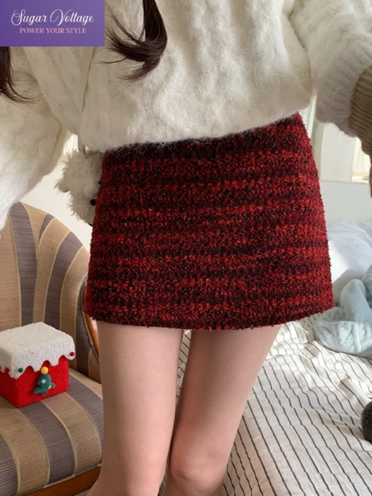 Koreanische Mode Vintage Tweed A-Line Mini Rock Frauen Winter Hohe Taille Wolle Mischung Chic Kurzen Rock Retro Süße Kühle Casual stil