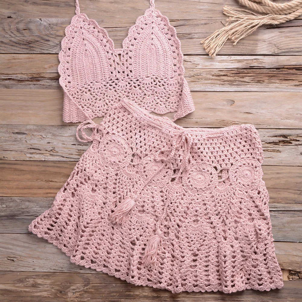 2023 New Crochet 2 Pieces Summer Holidays Beach Cover-ups Sexy women Bra Top+Mini A-line Skirt Bikini Cover up Beach wear Female