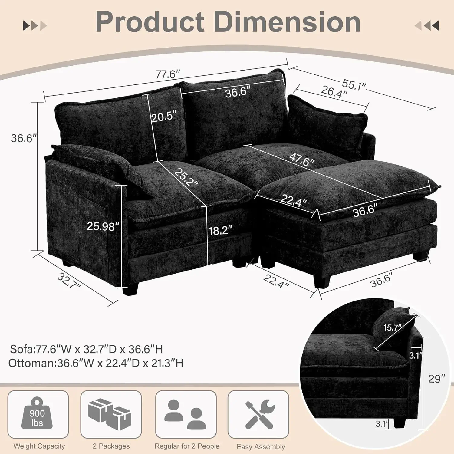 Sectional Sofa Cloud Couch, 77.6