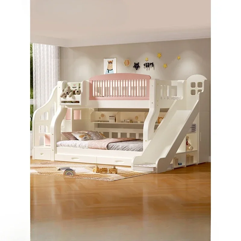 

Solid wood children's bed girls get on and off the bed Princess pink bunk bed with slide high and low mother