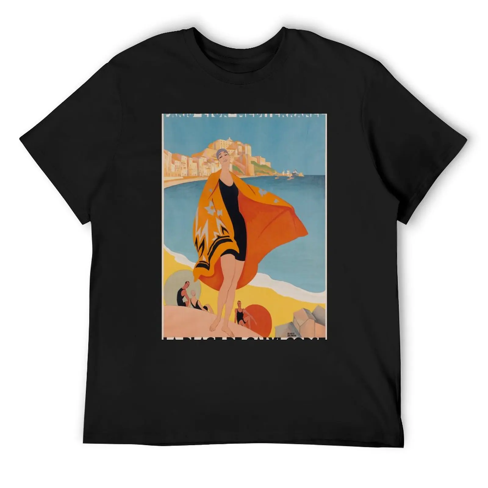 PLM La Plage de Calvi vintage travel poster T-Shirt custom t shirt cheap stuff men workout shirt