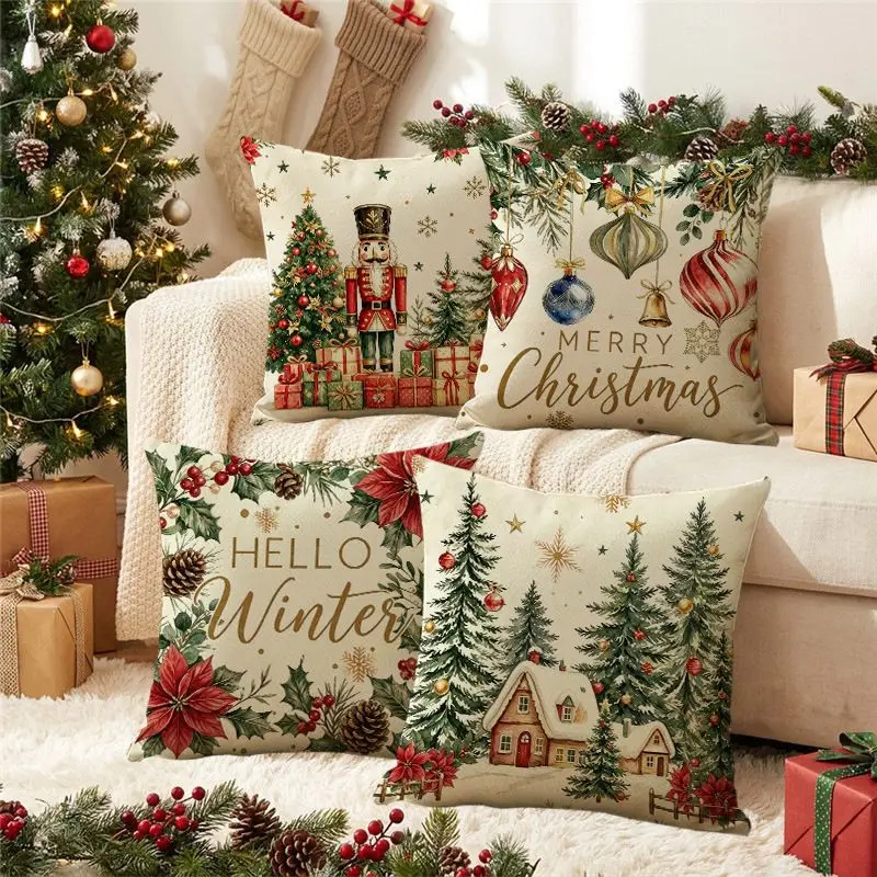 VIKAMA Farmhouse Christmas Cushion Cover Nutcracker Soldier Xmas Ball Winter House Floral Print Pillow Cover Sofa Home Decoratio