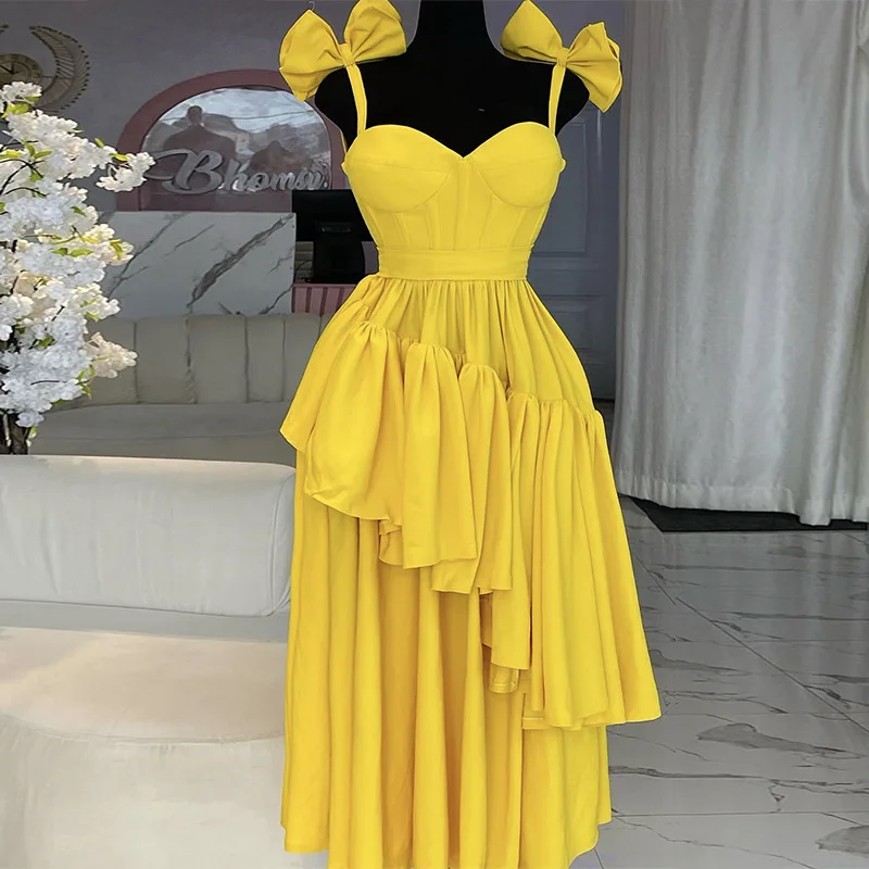 

Yellow Women Prom Dress Sexy Bow Stripe Neck Sleeveless Long Ruffles Sheath Party Gown Formal Red Carpet Robe Skirt
