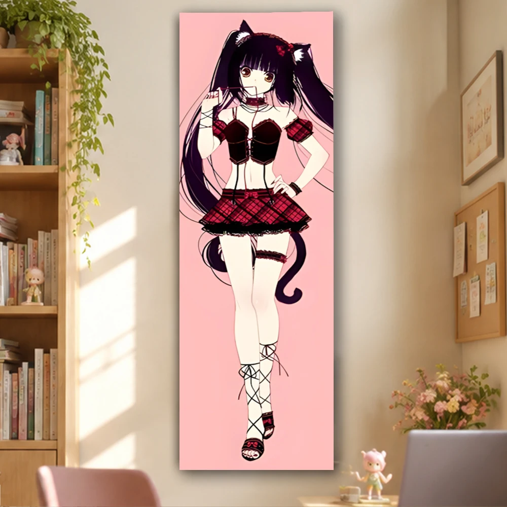 N-Nekopara Anime Vertical Narrow Tapestry Chocola Black Twin Tail Cat Girl Red Plaid Skirt Solid Pink Background Polyester Wall