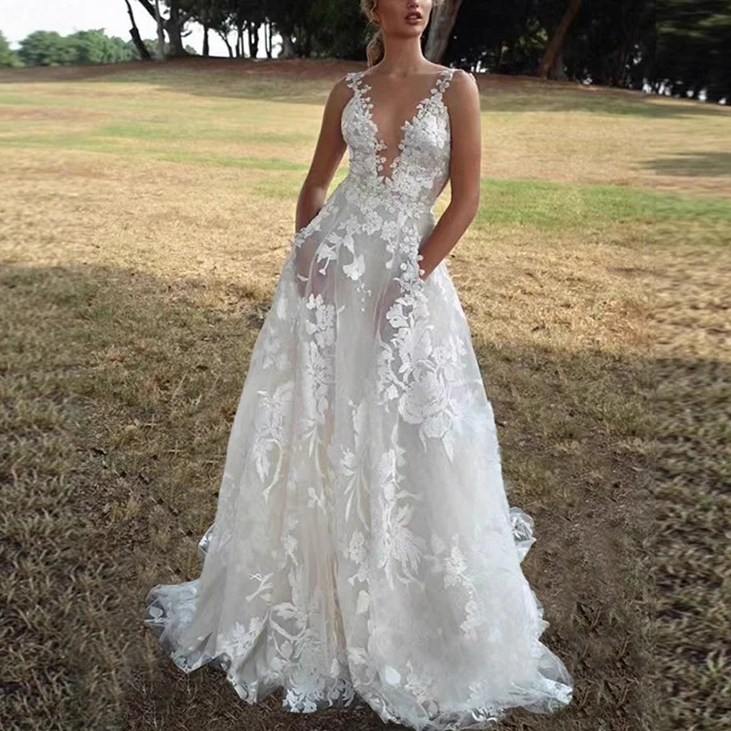 

Lace Deep-V Neck Sheer Women's Wedding Dress Wide Strap Backless Evening Skirt White Backless Party Gown New Arrival In Stock