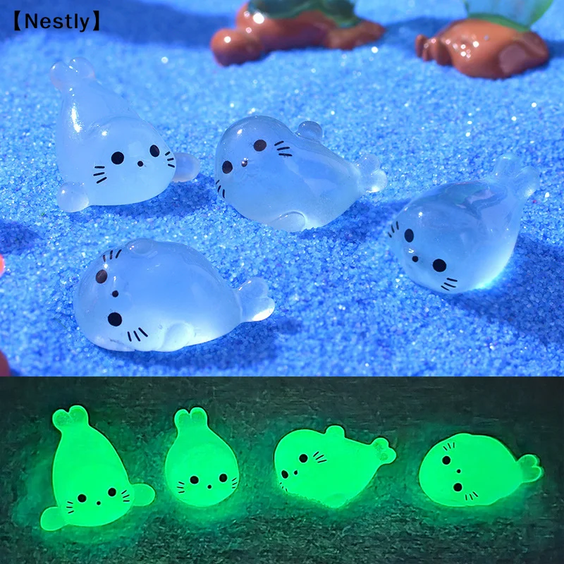 

4pcs Kawaii Luminous Mini Seal Pup Resin Glow At Night Marine Animal Figurines Ornament Fairy Garden DIY Accessories〔Nest〕