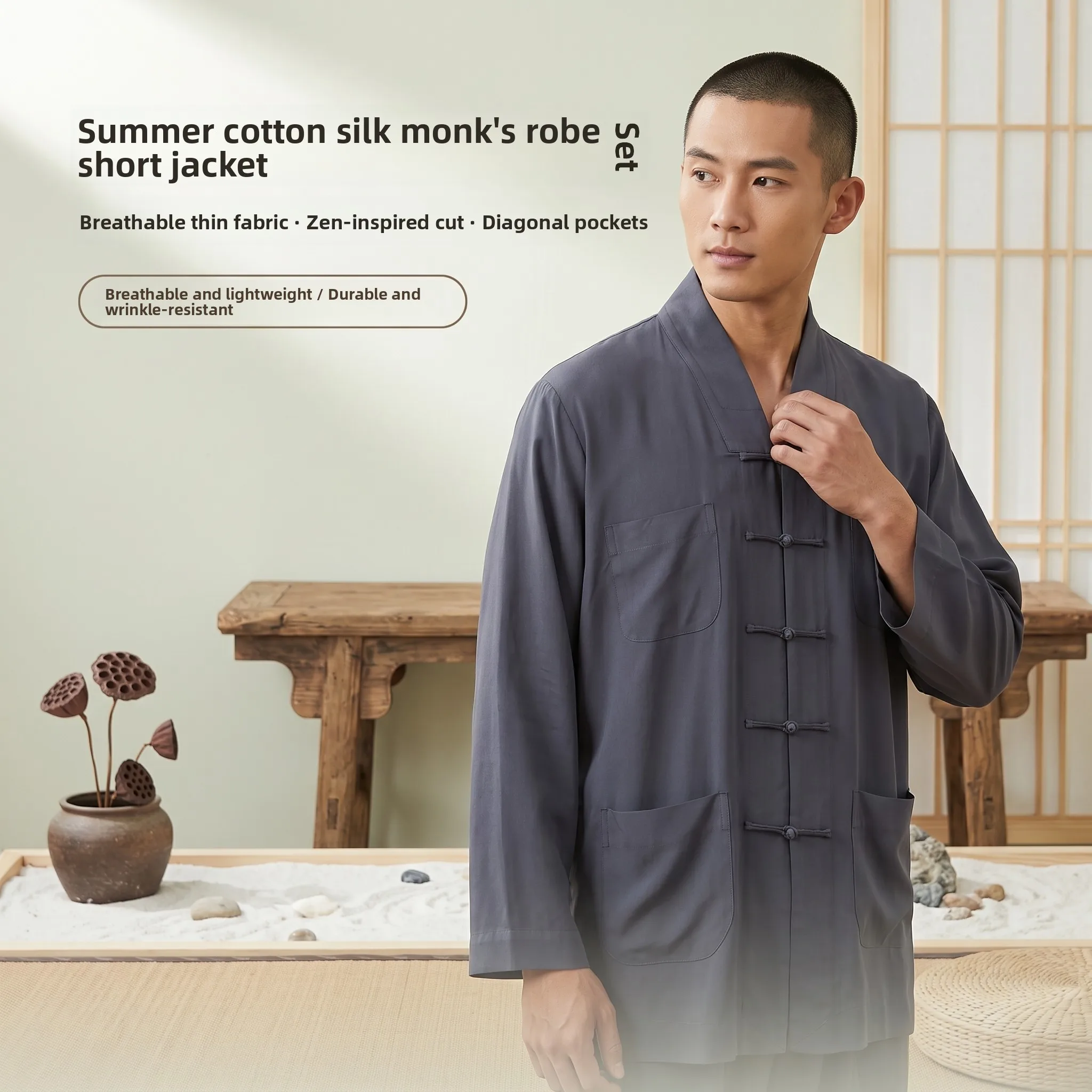 summer-thin-cotton-silk-monk-robe-cool-breathable-men's-short-coat-home-wear-open-cardigan-long-sleeve-pure-color-monastic-cl
