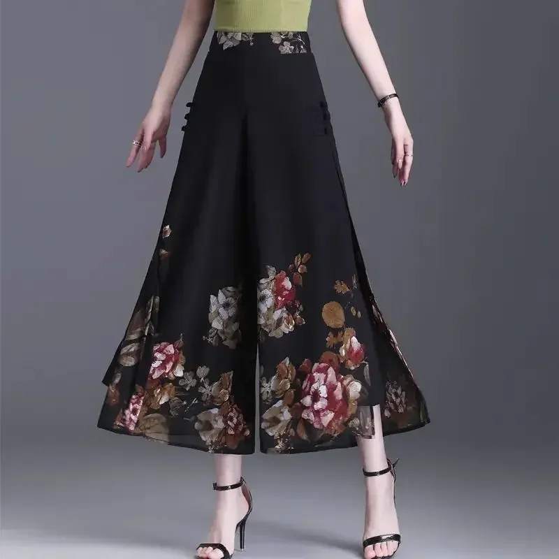 Summer Thin Chinese Style Floral Chiffon Wide Leg Pants Women Tie Die Printed Button Loose High Waist Vintage Straight Trousers