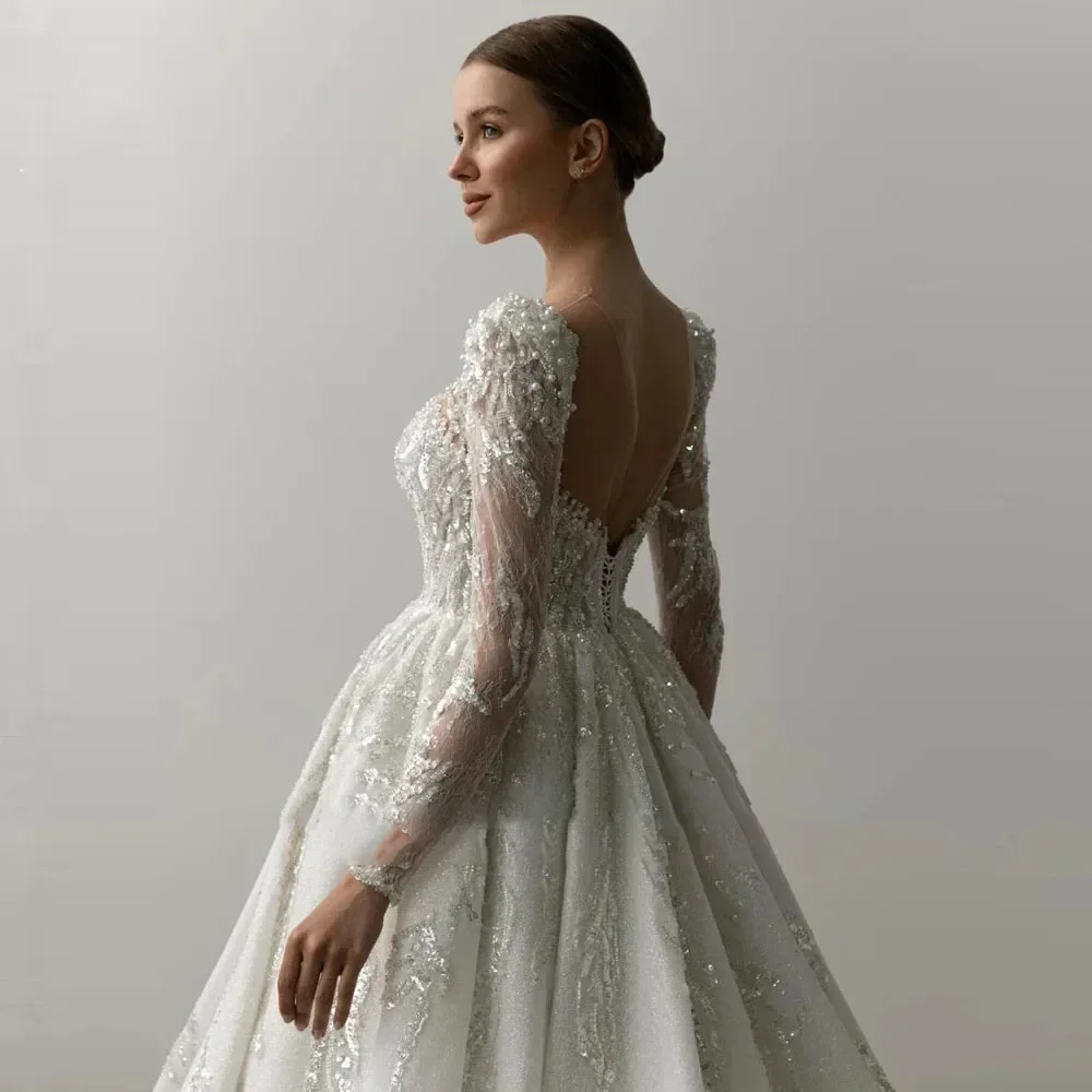 Vestidos de novia personalizados de línea A, vestido de novia de manga larga con cuello cuadrado, vestidos de novia hechos a medida con cuentas de encaje de alta calidad