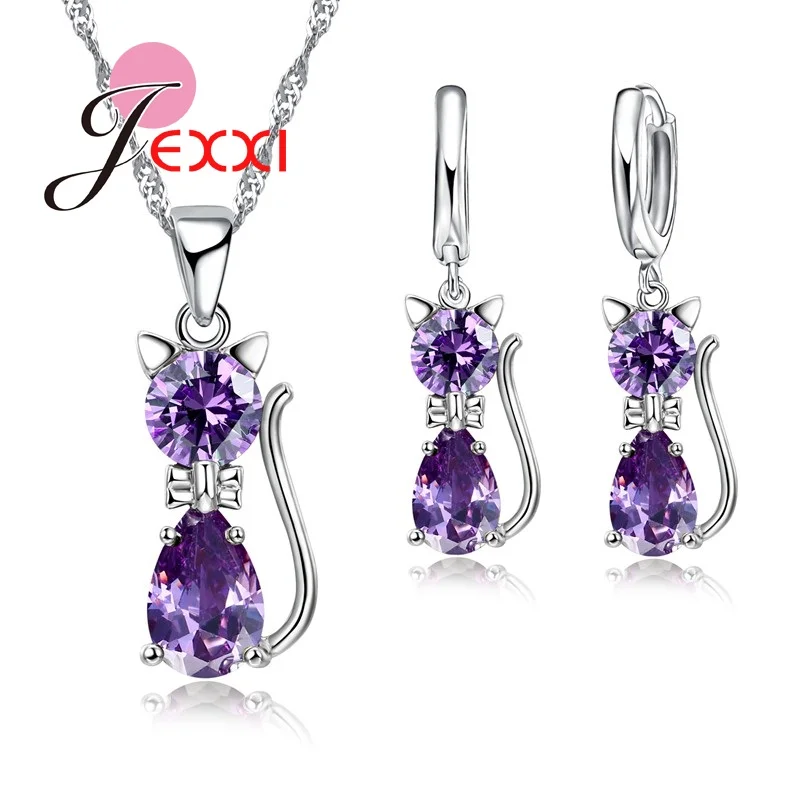 Women Jewellery Sets Genuine 925 Sterling Silver Cubic Zirconia Cat Cute Necklace Pendant+Leverback Earrings Hot Selling
