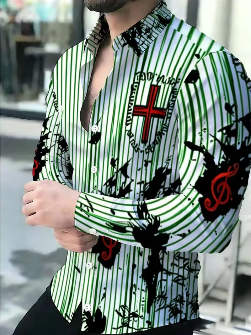 New Men's Punk Style Monster Graffiti Long Sleeve Shirt with Personalized Patterns, Flip Collar Casual Shirt