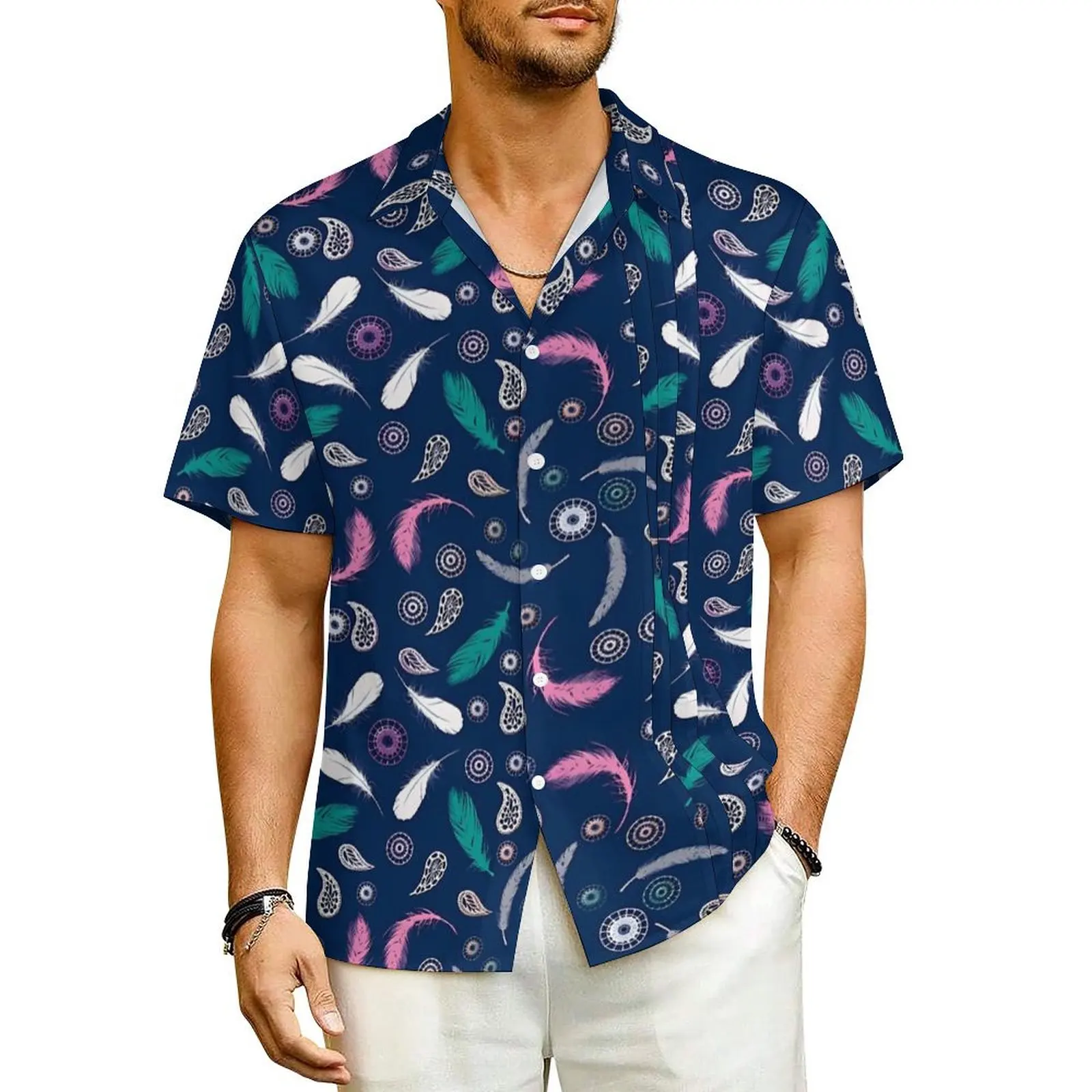 Hawaiian Shirt Beach Feather Print Blouses Boho Style Cool Casual Shirts Men Short-Sleeved Harajuku Oversized Clothing