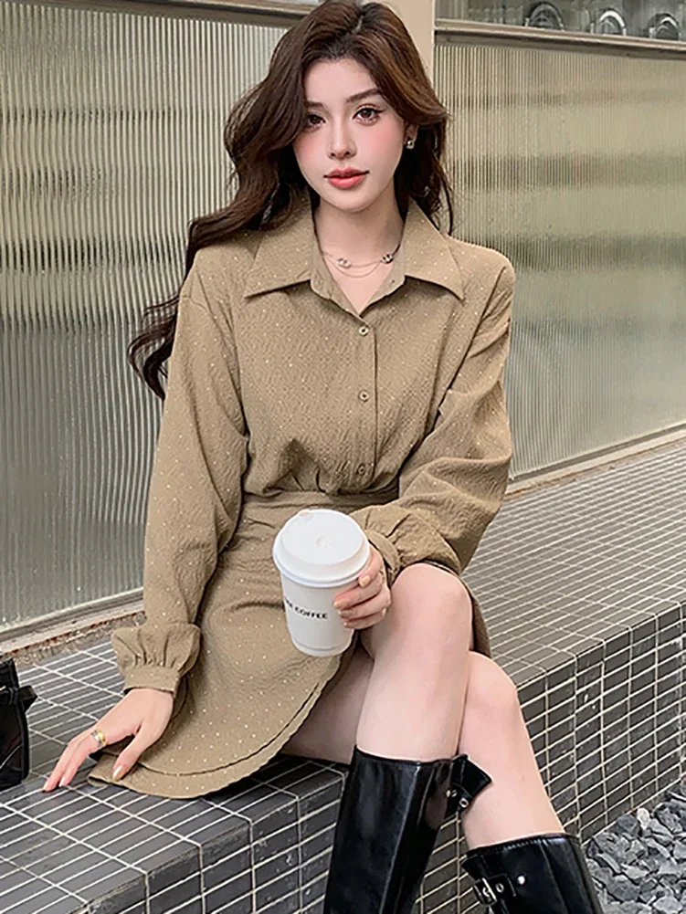 Women Solid Jacquard Chic Polo Collar Shirt Dress Autumn Winter Long Sleeve Bodycon Ruffled Dress 2024 Korean Elegant Mini Dress