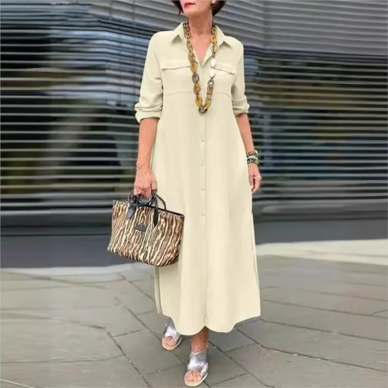 Elegant Women's Khaki Lapel Single Breasted Casual Maxi Dress Spring And Autumn Fashion Long Sleeved Button Pocket Shirt Dresses