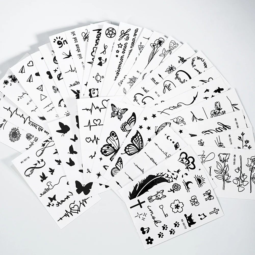 

30/35Pcs Black Butterfly/Flower Tattoo Stickers Letter,Geometry Line,Floral Temporary Tattoo for Women Men Body Arm Foot Decals