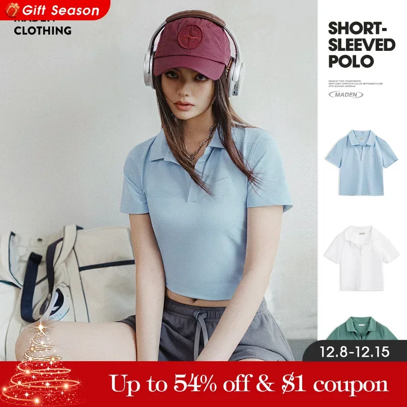 Maden V-Neck Polo Shirt Short-sleeved T-shirts Women Casual Solid Color Knitted T-shirt Versatile Slim Tops Summer Tees White