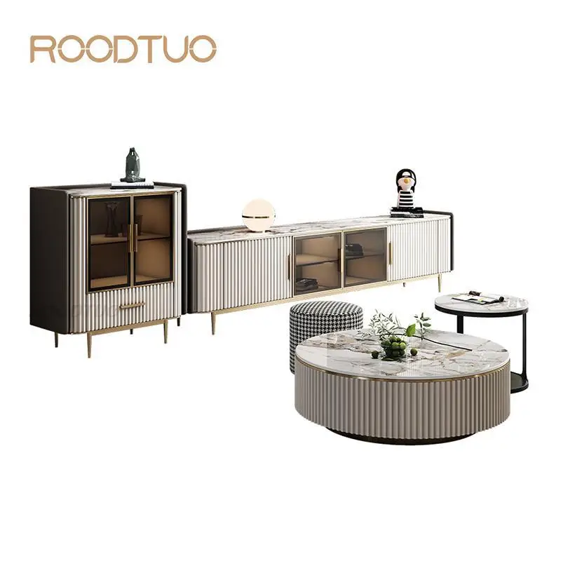 Roodtuo Modern Luxury Coffee Table Tv Cabinet White Black Wavy Vertical Texture Led Light Glass Door Краска Для Мебели Шкаф Set