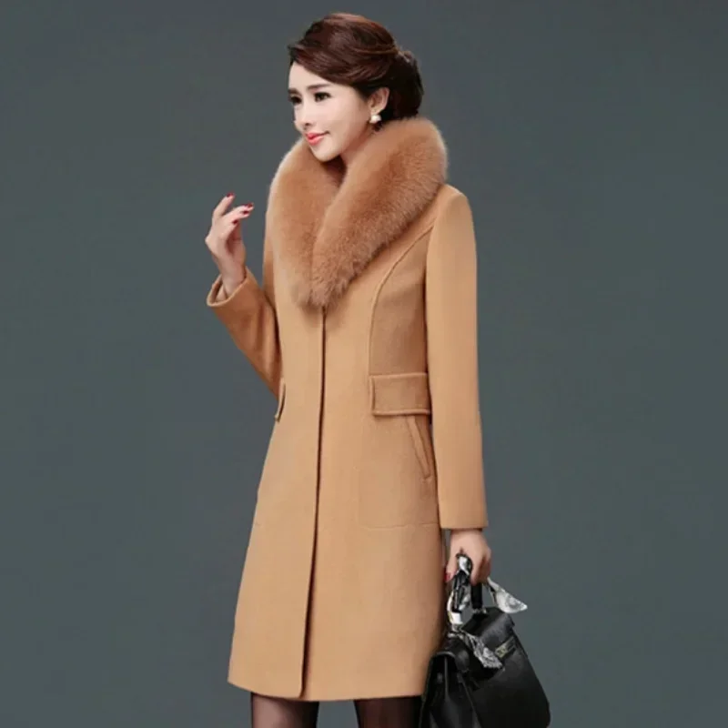 Autumn Winter High End Fashion Slim Was Thin Woolen Coat Faux Fur Fur Collar Slim Was Thin Mid-length Coat Women Coat