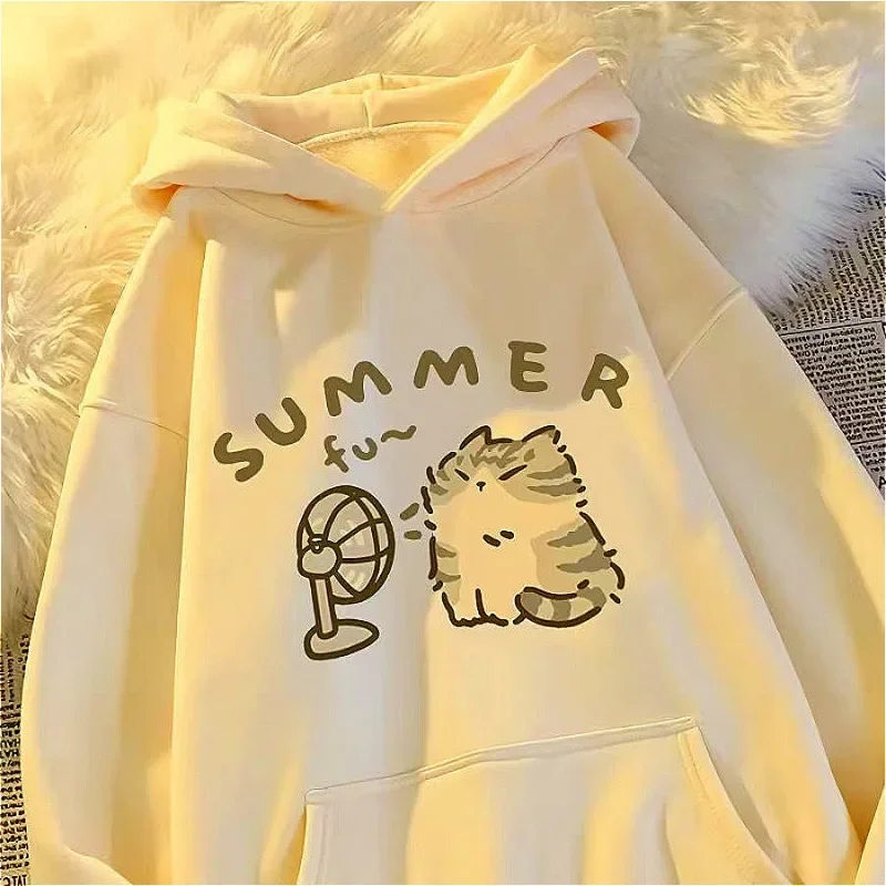 Summer The Little Cat Blowing The Fan Print Women Hoodie M-3XL Korean Loose Sisters Styl Fashion Salty Cute Same Gender Design