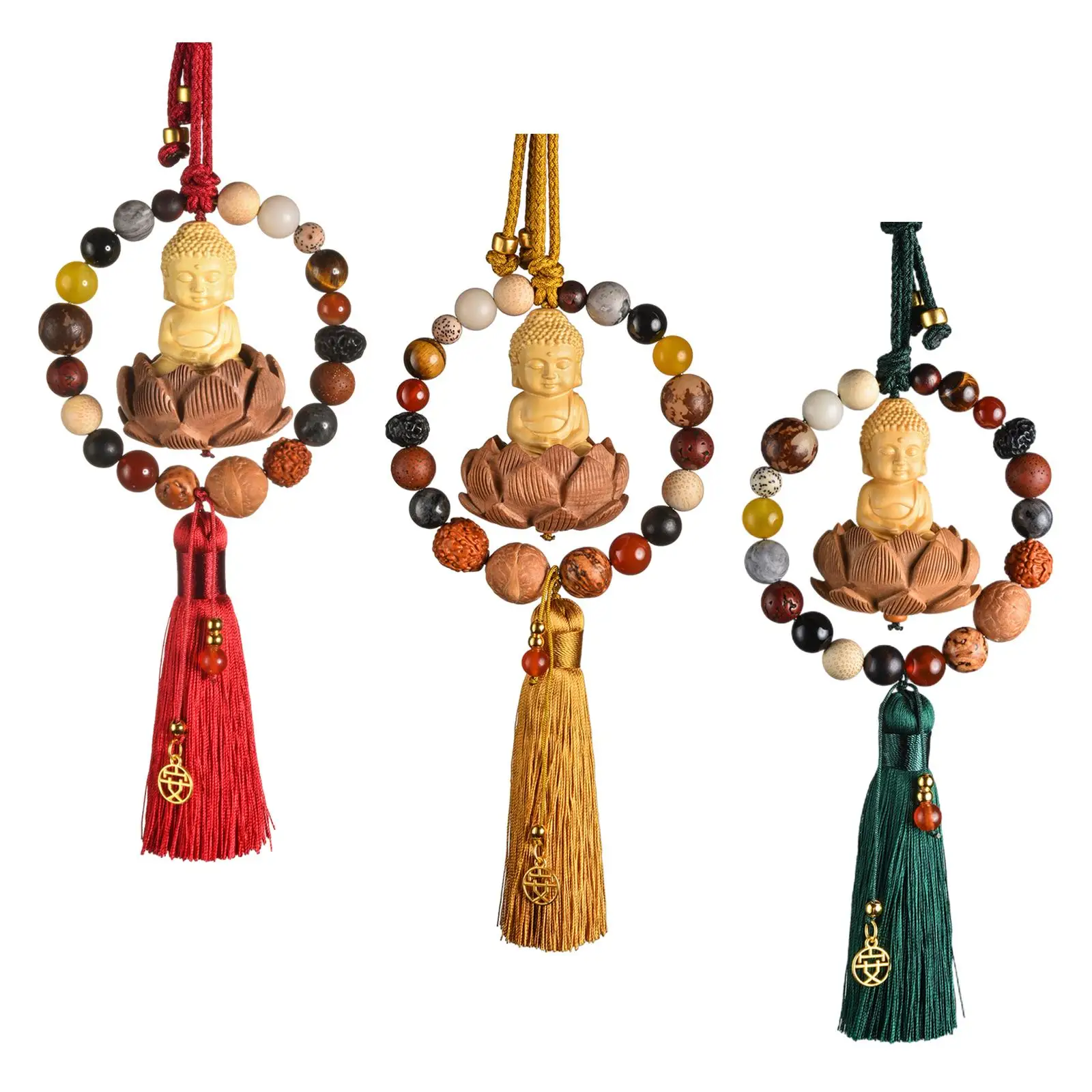 Exquisite Wood Buddha Rearview Mirror Hanging Pendant Feng Shui Blessing Dangling Ornament for Car Accessories