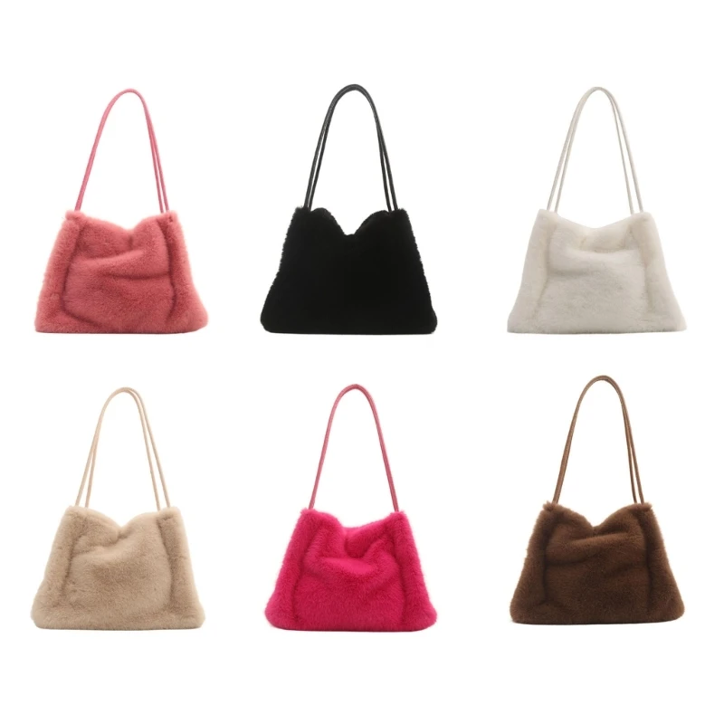 

Autumn Winter Casual Furry Bucket Shoulder Bag Soft Plush Underarm Satchel Fuzzy Large Capacity Handbag Purse for Women 066F